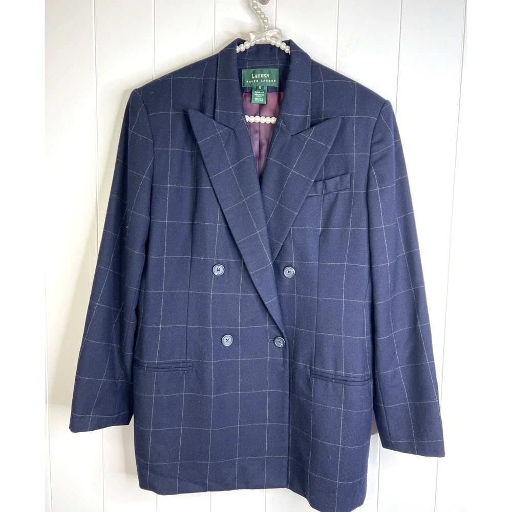 Lauren Ralph Lauren Long‎ Line Navy Plaid Double Brested Wool Lined Blazer SZ 12